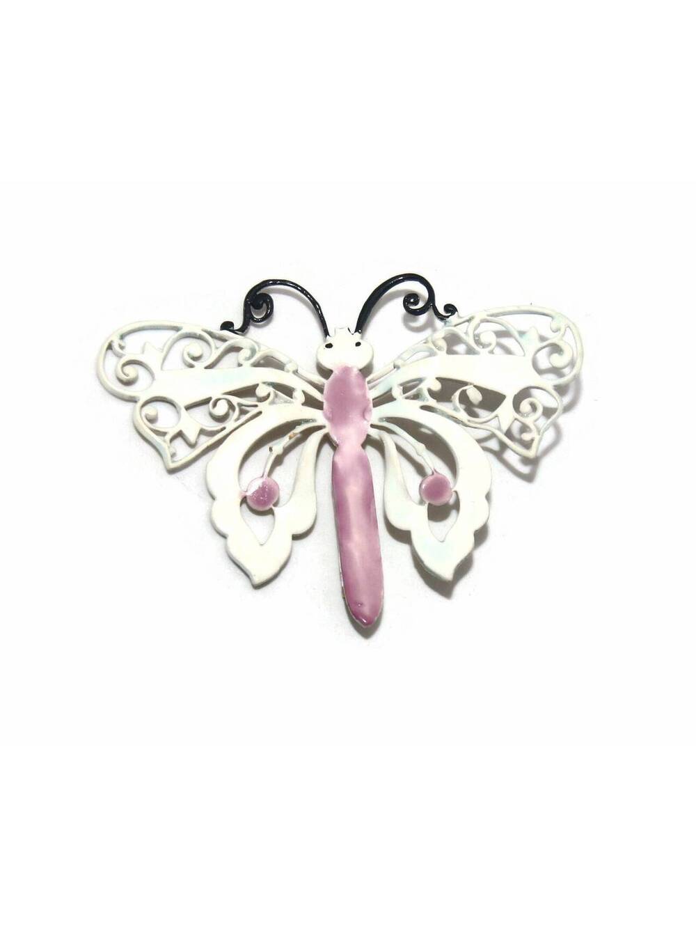 Vintage Gold Tone with White, Black and Pink Enamel Butterfly Brooch.